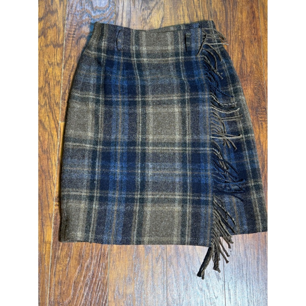 Jones New York Country Petite Wool Plaid Wrap Skirt Brown Blue Fringe 2P USA